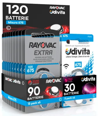 Image de Piles Rayovac Extra Advanced 675 pour appareils auditifs, 120 piles : 90 piles Rayovac + 30 piles Udivita