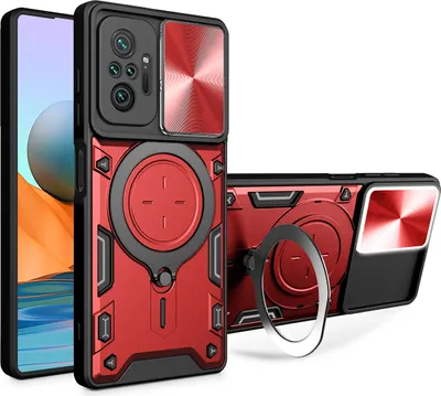 Produktbild von Handyhülle für Xiaomi Redmi Note 10 Pro /Note 10 Pro Max Dual-Layer Stoßfest Rüstung Hülle mit Dia Kameraschutz und Kreisförmig Ring Ständer Rot