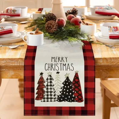 Produktbild von Tischläufer Weihnachten Leinen Rot Weihnachtsbaum 180 cm x 34 cm