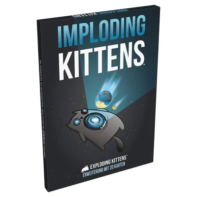 The image shows the front of the Imploding Kittens card game box, set against a dark, starry background.