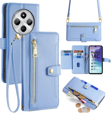 Produktbild von Handykette für Xiaomi Redmi 14C/ Poco C75 – Hülle mit Band, Kartenfächern, Kunstleder Umhängetasche in Blau