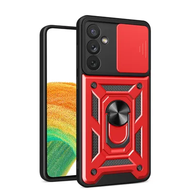 A red and black phone case with a camera cover and ring holder is shown against a white background.