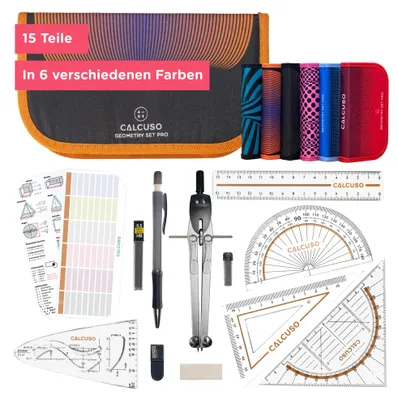 Produktbild von CALCUSO GEOMETRIE SET PRO in orangener Federmappe/Federmäppchen mit Zirkel und Geodreieck - Praktisches Mäppchen für Schule, Uni, Büro und Zeichnungen - Ideal als Geometrie-Set für die Schule