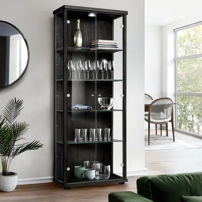 Immagine prodotto di K-Möbel Vetrina verticale in vetro nero (176x67x33 cm) con 4 ripiani in vetro regolabili in altezza e LED - Vetrina da terra - Vetrina da esposizione - Vetrina da collezione