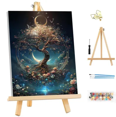 Image de Kit de peinture par numéros pour adultes, avec cadre, motif : arbre de la vie, peintures acryliques, dimensions : 25x35 cm