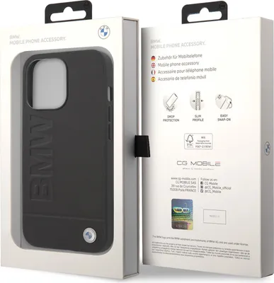 Produktbild von BMW Handyhülle Echtleder schwarz iPhone 14 Pro 6,1 Zoll Stoßfest Kratzschutz Passgenaue Aussparungen BMW Metalllogo