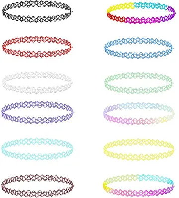 Produktbild von 12 Stück Tattoo Choker Halskette Set Mode Stretch Gothische Elastische Halsband Schmuck-Sets Damen Halskette Schmuck für Frauen Mädchen