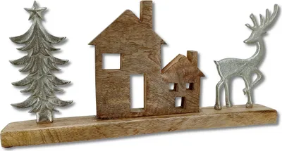 Produktbild von Mango-Holz und Metall Figur Häuser, Baum und Rentier braun silber 46 x 22cm Dekofigur Wald-Deko Tisch Dekoration