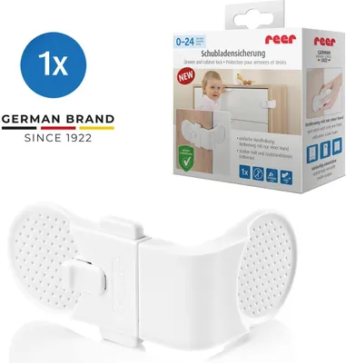 Produktbild von REER Kindersicherung für Schrank & Schublade, Kunststoff, Weiß, B 42 x T 97 x H 120 mm, starker Halt, rückstandsfrei entfernbar, einfache Handhabung, EN 16948:2017 geprüft, modernes Design, extrem stabil, selbstklebend, 1 Stück
