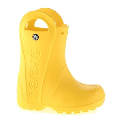 A yellow Crocs rain boot for kids.