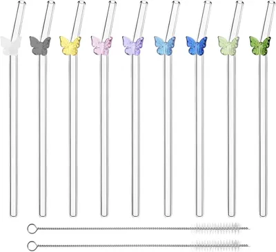 Imagen del producto de Pajitas de vidrio curvadas, juego de 9 unidades, con cepillos de limpieza, ideales para cócteles y zumos