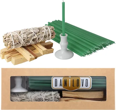 Produktbild von 5 Palo Santo-Räucherstäbchen, 1 Packung Weißsalbei zum Räuchern, 50 Bienenwachs-Kerzen und 1 Kerzenhalter – ideal für Meditation, Raumreinigung und Aromatherapie