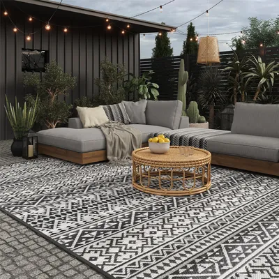 Zdjęcie produktu dla EVOCAMP Dywan ogrodowy 300x400 cm, dywan z tworzywa sztucznego, wodoodporny na taras, szaro-biały
