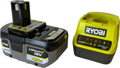 A Ryobi 18V 4.0Ah battery and charger set is shown against a white background.