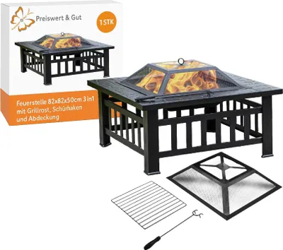 A product packaging box and the product itself, a fire pit, are shown. The fire pit is on display with flames inside and accessories laid out separately.