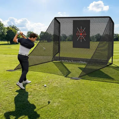 Produktbild von Golfnetz Übungskäfig Trainingsnetz 3x2x3m mit Zielscheibe  , Tragetasche, 4 Bodennägeln & 2 Sandsäcken, Seitenteilen & Bodennetz, Schlagnetz, Schwarz