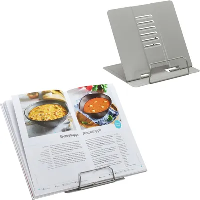 Produktbild von Relaxdays Buchständer, 2er Set, Leseständer 6-fach höhenverstellbar, Kochbuchhalter mit Klemme, Küche, Stahl, grau