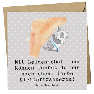 Produktbild von Mr. & Mrs. Panda Klappkarte Klettern Trainerin - Grau Pastell - Geschenk, Können, doppelkarte, Motivation, faltkarte, Trainer, Grußkarte, Glückwunschkarte, Danksagung