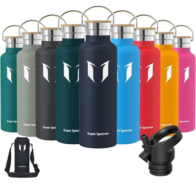 Produktbild von Edelstahl Trinkflasche 750 ml Meeresblau BPA-Frei Auslaufsicher mit 2 Deckeln
