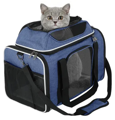 Image de Cage de transport pliable pour chats et chiots, jusqu'à 8 kg, respirante, de couleur bleue