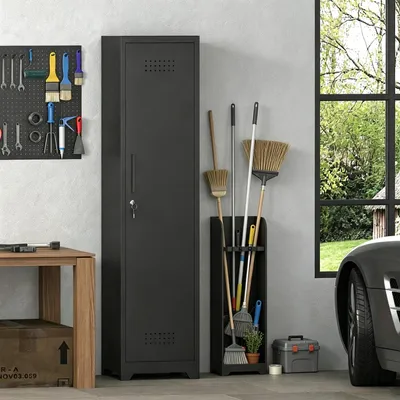Produktbild von Schmaler Metall Putzschrank mit abschließbarer Tür und Regalen, 40x40x165 cm, hoher Geräteschrank für Küche und Garage, Schwarz
