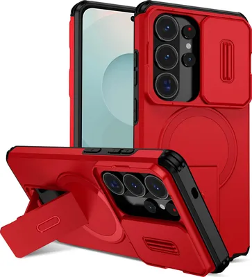 Obrázek produktu pro Magnetické pouzdro pro Samsung Galaxy S26 Ultra, dvouvrstvé odolné pouzdro s posuvnou ochranou fotoaparátu a nastavitelným stojánkem Červená