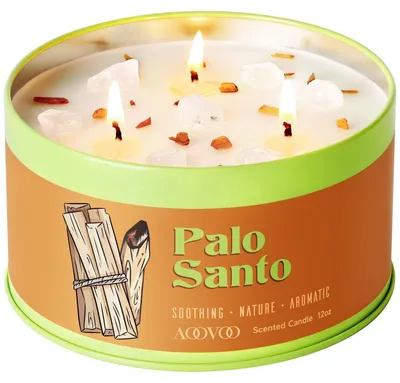 Palo-Santo-Kerze, 3-Docht, 340 g, mit Kristallen, Sojawachs