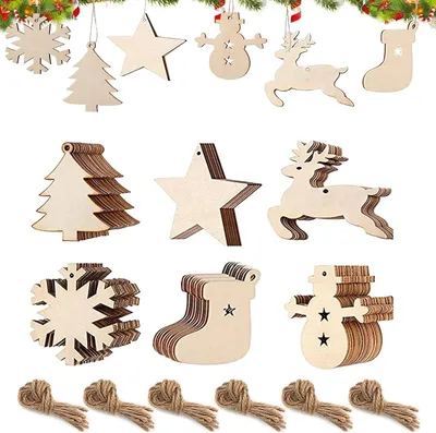 Productafbeelding van Houten kerst ornament - Set van 60 - Houten ornament hangende hanger - Kerst ornament sneeuwvlokken met koord - Eland