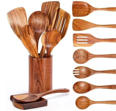 Produktbild von Holz-Serviceständer - Natürliches Holz-Serviceteller 9-teilig - Hochtemperaturbeständigkeit - mit Löffelhalter - Bequeme Kochlöffel und eine Ablage für Küchengeschirr