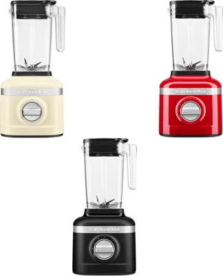 A collage of three KitchenAid blenders in different colors: cream, red, and black.