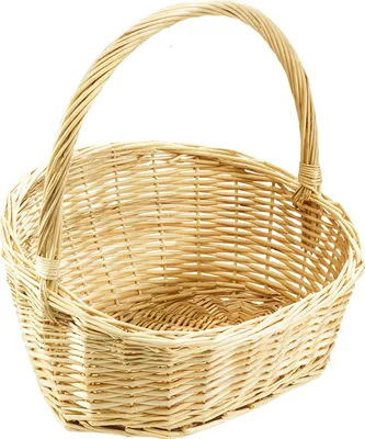 A woven wicker basket with a handle against a white background.