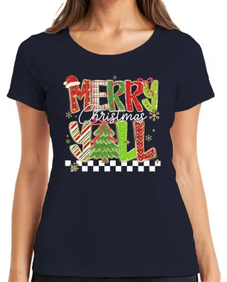 Produktbild von Merry Christmas Y'all Weihnachten Tannenbaum gestreift Glitzer Damen T-Shirt, Navy, XXL