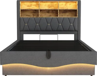 Produktbild von MODFU Polsterbett 140×200 mit Lattenrost und USB-Ladeanschluss,Jugendbett Kinderbett mit hydraulischem Stauraum,Doppelbett mit LED,ohne matratze,Grau