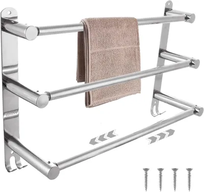 Image de Porte-serviettes mural pour salle de bain, avec barre réglable, longueur de 50 cm à 90 cm, en acier inoxydable, avec trois barres.