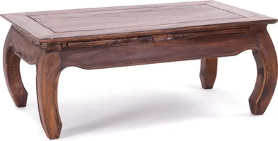 A wooden coffee table with curved legs against a white background.