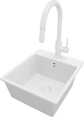 Produktbild von PRIMAGRAN Granitspüle Alles Weiß 38x44cm, Spülbecken 1 Becken + Küchenarmatur 40x20cm + Ablauf-Set, Küchenspüle ab 40er Unterschrank - Riga Easy