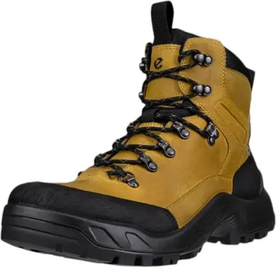 A single brown and black hiking boot is shown against a white background.