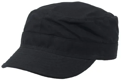 A black military-style cap on a white background.