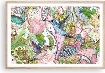 Produktbild von Gerahmtes Poster - Rahmen in heller Eiche - Vogel Schmetterling Blume - 91,5x61 cm - Wand Bild - Wanddeko - Wandbilder - Wandposter - Bilderrahmen - Bilder - Kunstdruck - Wandbild - P2NAA91x61-4065