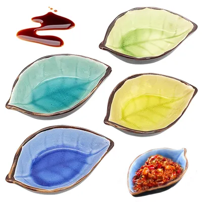 4er-Set Keramik-Dip-Schalen, Blattform, 10x7 cm, bunt