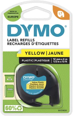 Produktbild von DYMO Original LetraTag Etikettenband | schwarz auf gelb | 12 mm x 4 m | selbstklebendes Kunststoffetiketten | für LetraTag-Beschriftungsgerät, Schwarz auf gelb, Polyester, Belgien, DYMO, LetraTag 100T, LetraTag 100H, 1,2 cm