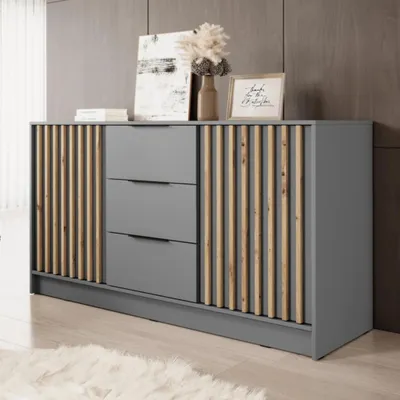 Produktbild von Sideboard Stilo Grau Matt mit Eiche Artisan Lamellen – 155 cm, 2 Türen, 3 Schubladen, Modern