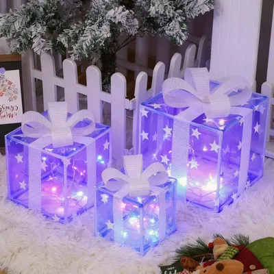 Productafbeelding van LED cadeaudozen kerst - Set van 3 - 50 LED verlichte cadeauboxen blauwe ster 8 modus