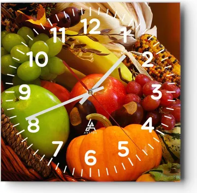 Produktbild von Wanduhr - Quadrat - Glasuhr - Weidenkorb Obst Gemüse - 30x30cm - Schleichendes Uhrwerk - Lautlos - zum Aufhängen bereit - Dekoration Modern - Wanddekoration aus Glas - C4AC30x30-0406