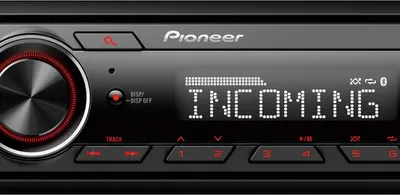 A close-up view of a Pioneer car stereo system's control panel, displaying an incoming call notification.