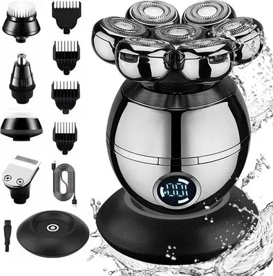 Immagine prodotto di Rasoi elettrico a 5 testine per uomo - 7 lame rotanti - Resistente all'acqua (IPX6) - Adatto alla rasatura a secco e con acqua - Display a LED