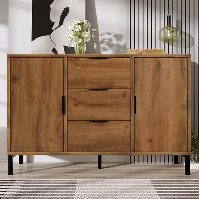 Produktbild von MODFU Kommode Aufbewahrungsschrank, Sideboard mit 6 Schubladen, dekorativer Schrank für Schlafzimmer und alle Wohnzimmer, dunkle Eiche