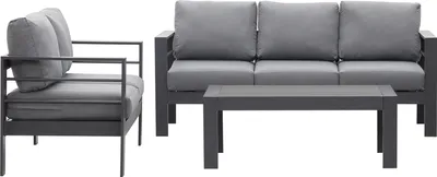 A grey outdoor lounge set consisting of a sofa and a coffee table, shown from the side and front.