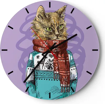 Produktbild von Wanduhr - Rund - Glasuhr - Katze Schal Illustration hipster - 30x30cm - Schleichendes Uhrwerk - Lautlos - zum Aufhängen bereit - Dekoration Modern - Wanddekoration aus Glas - C3AR30x30-3201