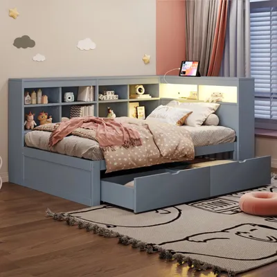 Produktbild von Multifunktionales Holzbett - Einzelbett 90x200 cm - USB und Steckdose - LED-Lichtleiste - Regale und Ablagefächer - Stauraum - Holzrahmen - Grau